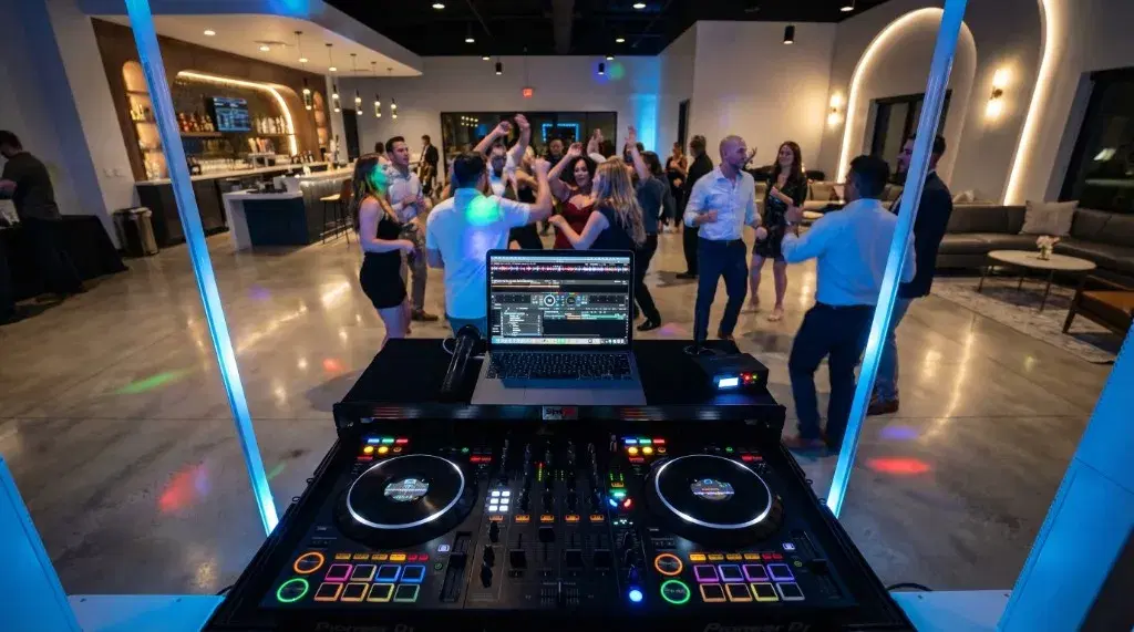 Pioneer DJ controller and laptop overlooking a crowded dance floor at a modern event venue
