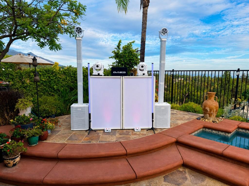 Golden-hour outdoor setup before the party starts