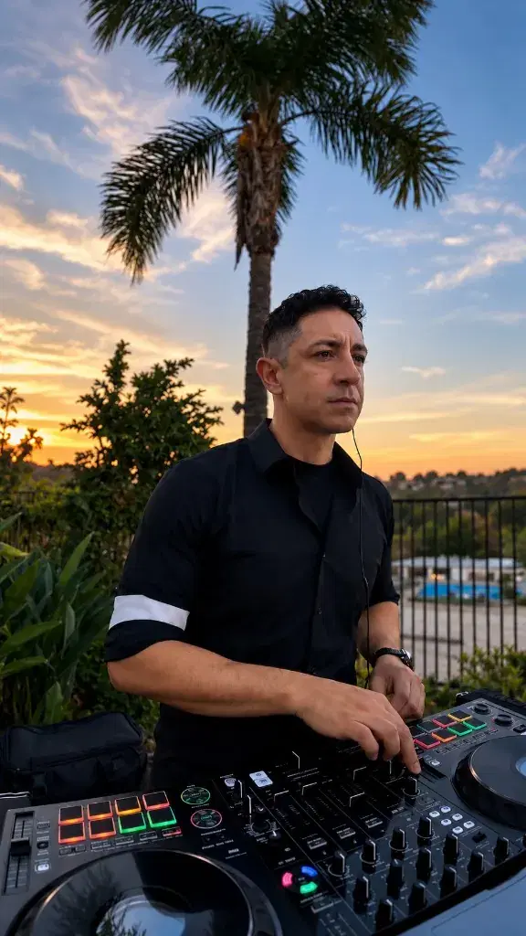 DJ NES mixing outdoors at sunset on a hillside patio